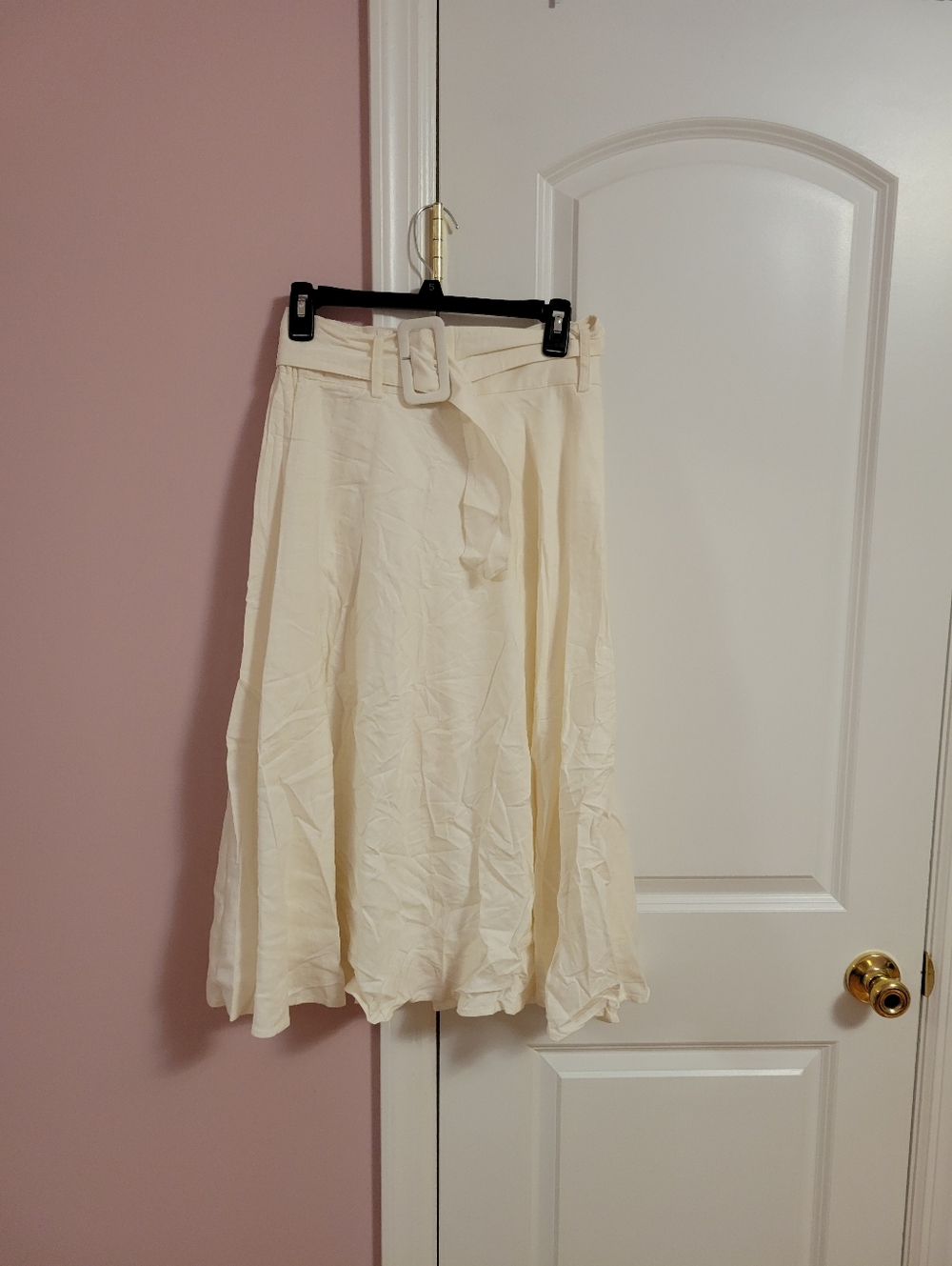 NWT Womens T Tahari Chic White Belted A-Line Linen Blend Midi Skirt- S- Coastal